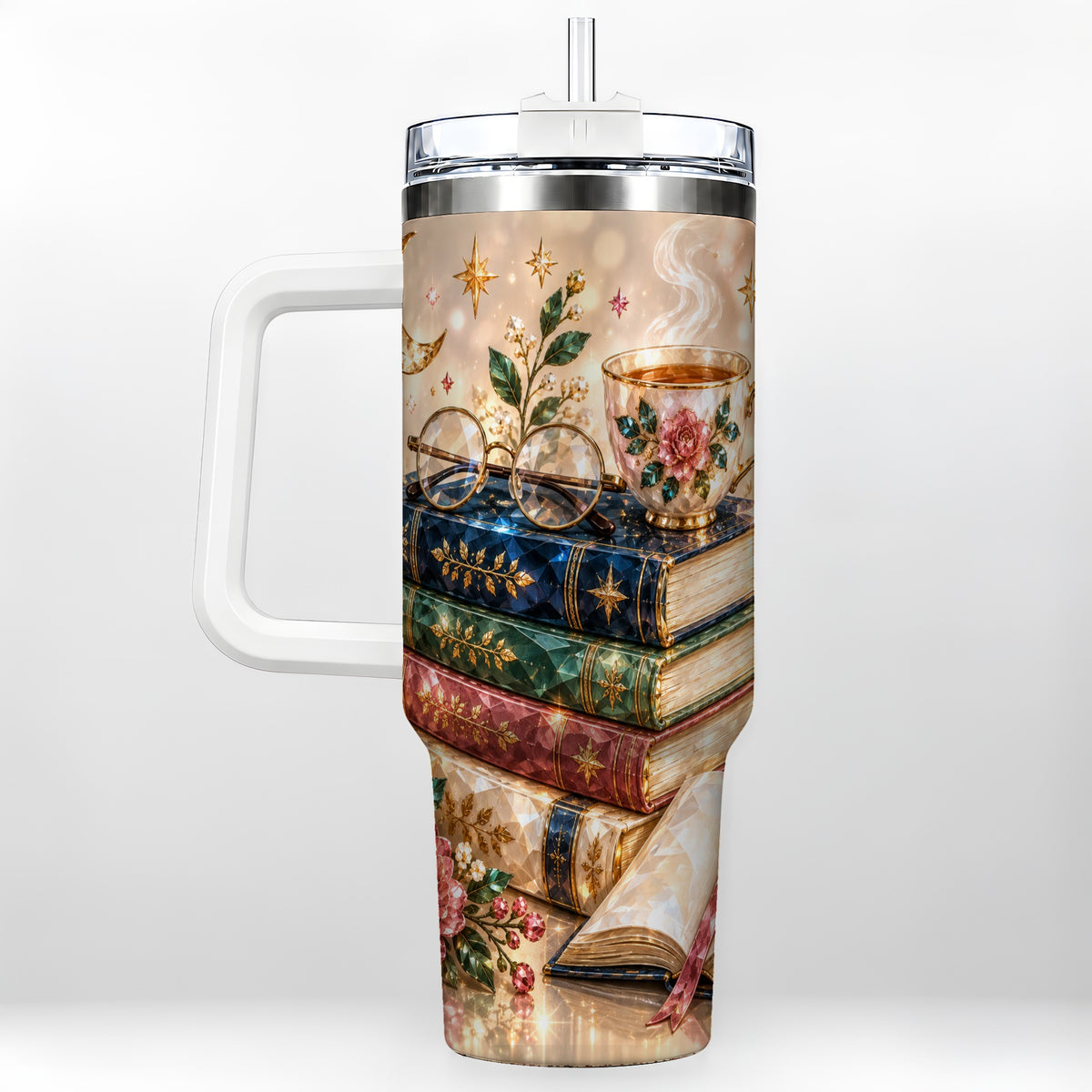 Book Lover 40oz Tumbler with Handle, Floral Reading Travel Cup