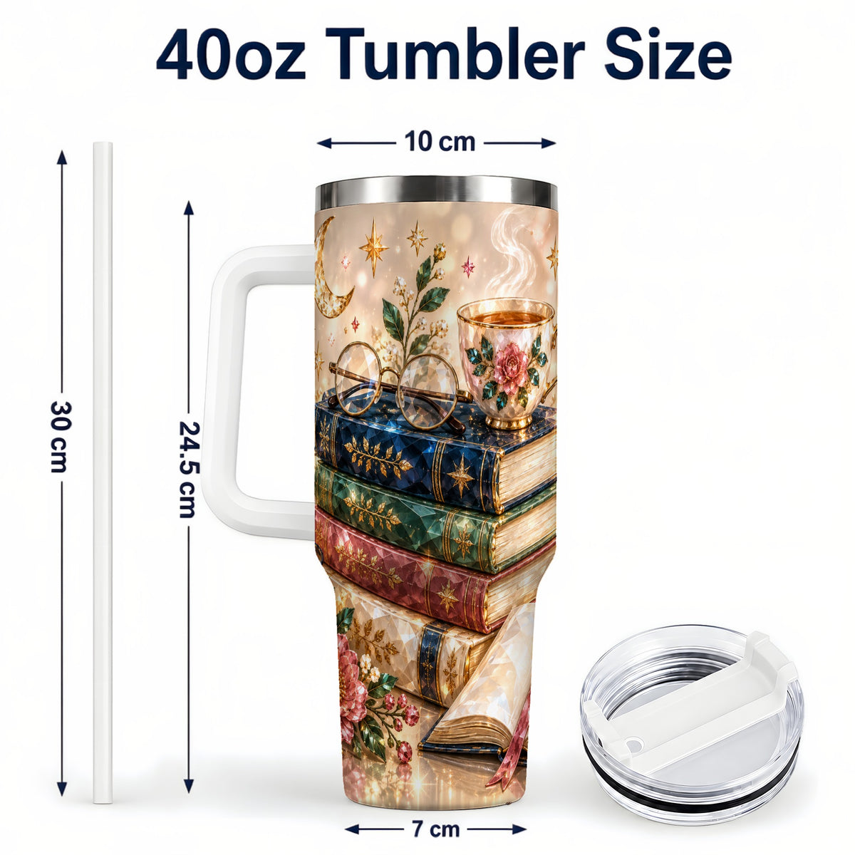 #pl[40oz|White] Book Lover 40oz Tumbler with Handle, Floral Reading Travel Cup