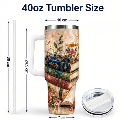 #pl[40oz|White] Book Lover 40oz Tumbler with Handle, Floral Reading Travel Cup