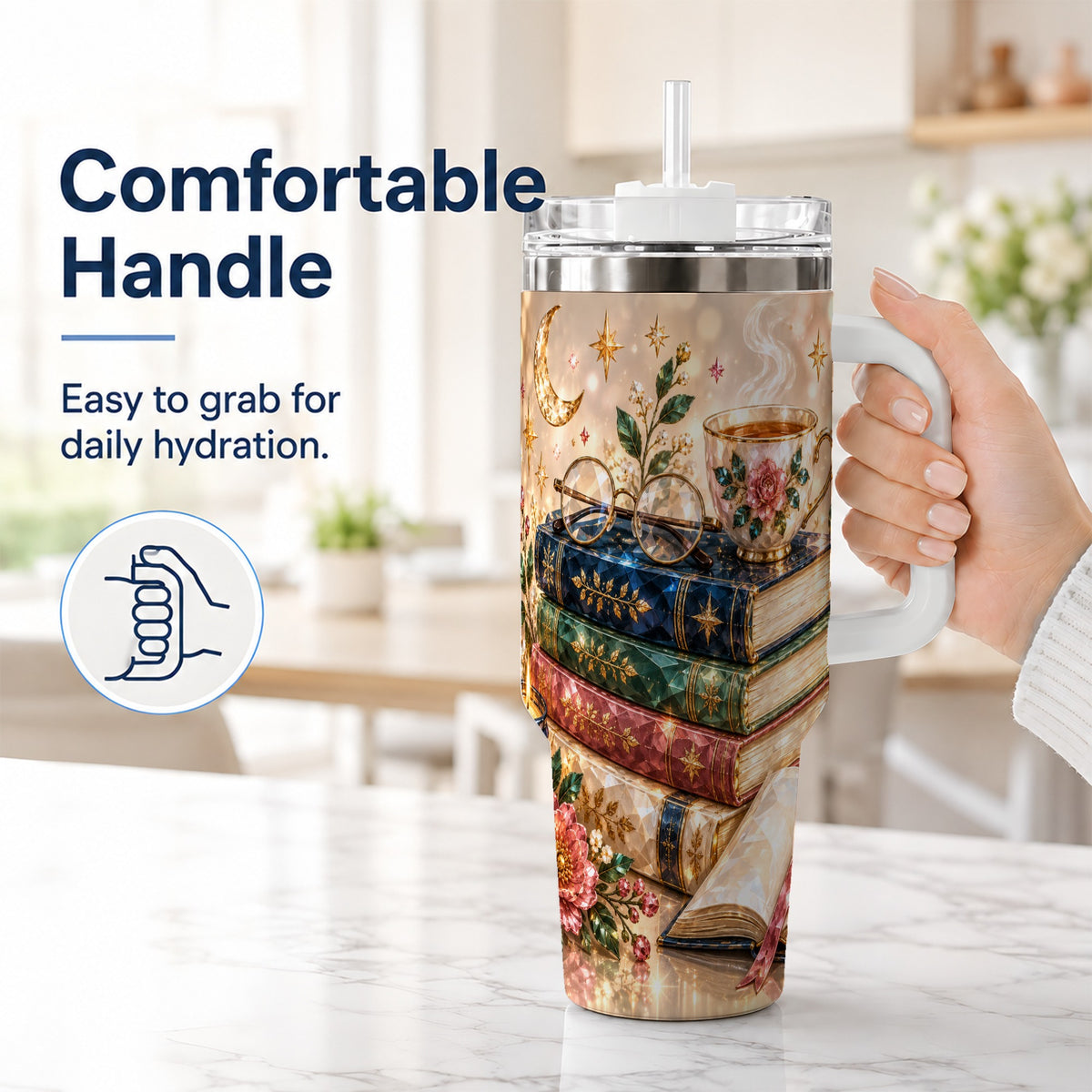 #pl[40oz|White] Book Lover 40oz Tumbler with Handle, Floral Reading Travel Cup