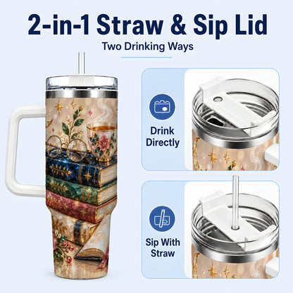 #pl[40oz|White] Book Lover 40oz Tumbler with Handle, Floral Reading Travel Cup