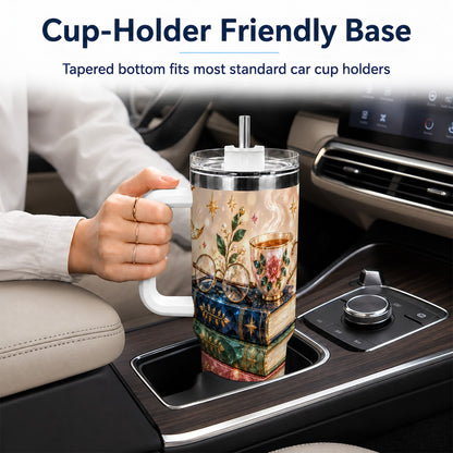 #pl[40oz|White] Book Lover 40oz Tumbler with Handle, Floral Reading Travel Cup