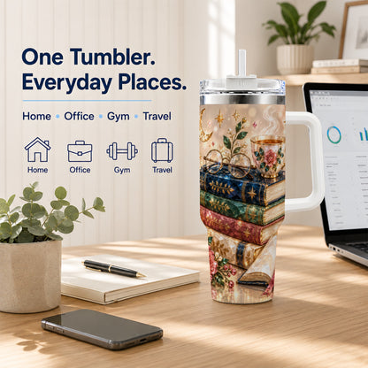#pl[40oz|White] Book Lover 40oz Tumbler with Handle, Floral Reading Travel Cup