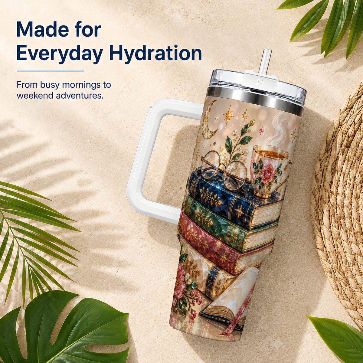 #pl[40oz|White] Book Lover 40oz Tumbler with Handle, Floral Reading Travel Cup
