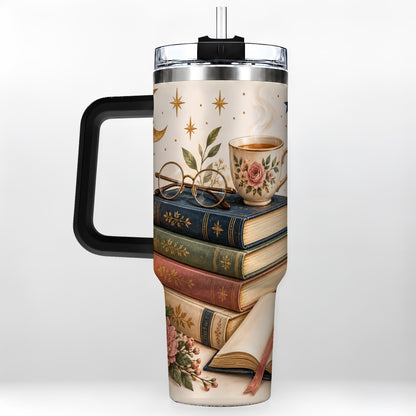 #pl[40oz|Black] Vintage Book 40oz Tumbler with Handle, Botanical Reading Travel Cup