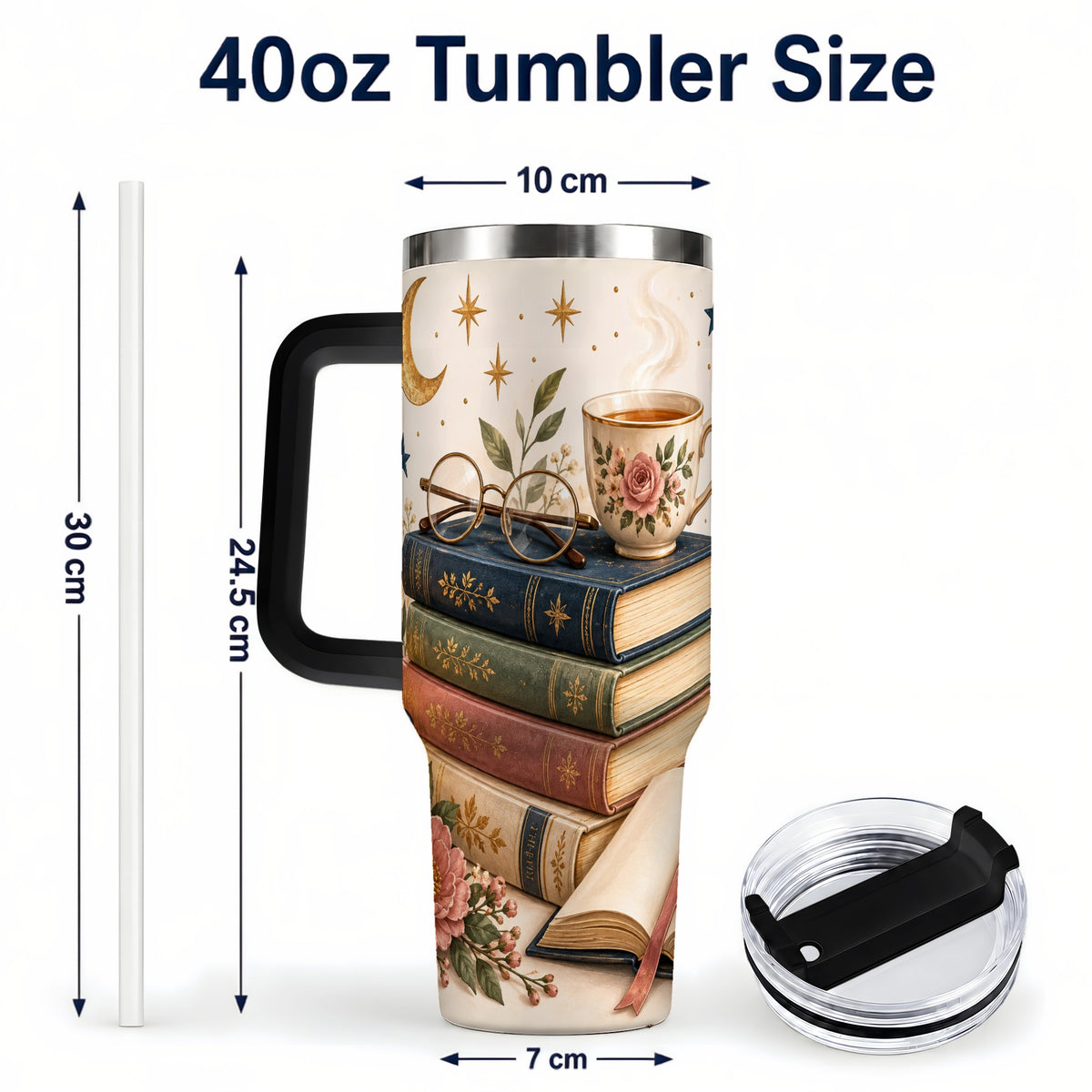 #pl[40oz|Black] Vintage Book 40oz Tumbler with Handle, Botanical Reading Travel Cup