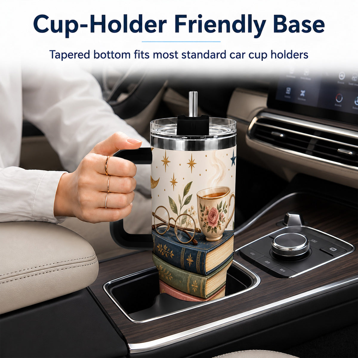 #pl[40oz|Black] Vintage Book 40oz Tumbler with Handle, Botanical Reading Travel Cup