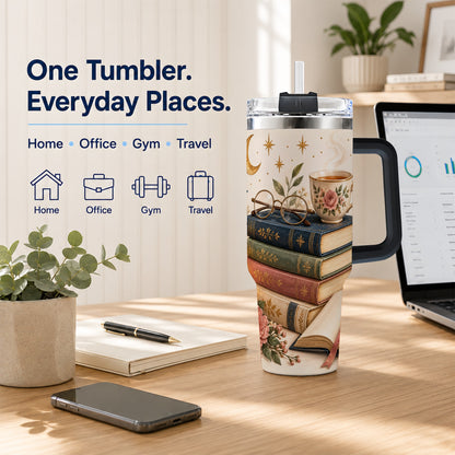 #pl[40oz|Black] Vintage Book 40oz Tumbler with Handle, Botanical Reading Travel Cup