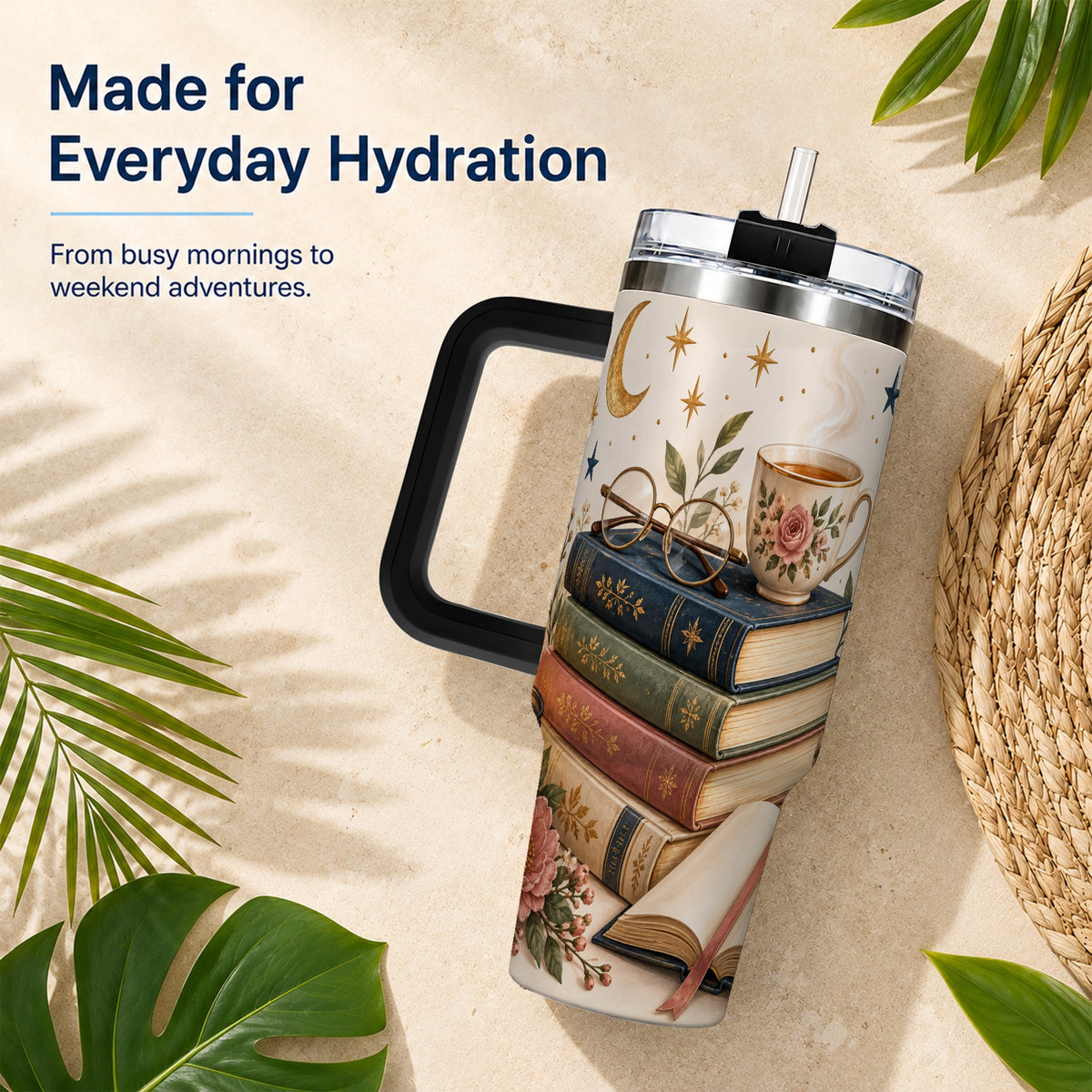 #pl[40oz|Black] Vintage Book 40oz Tumbler with Handle, Botanical Reading Travel Cup