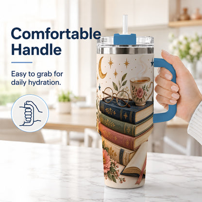 #pl[40oz|Blue] Vintage Book 40oz Tumbler with Handle, Botanical Reading Travel Cup