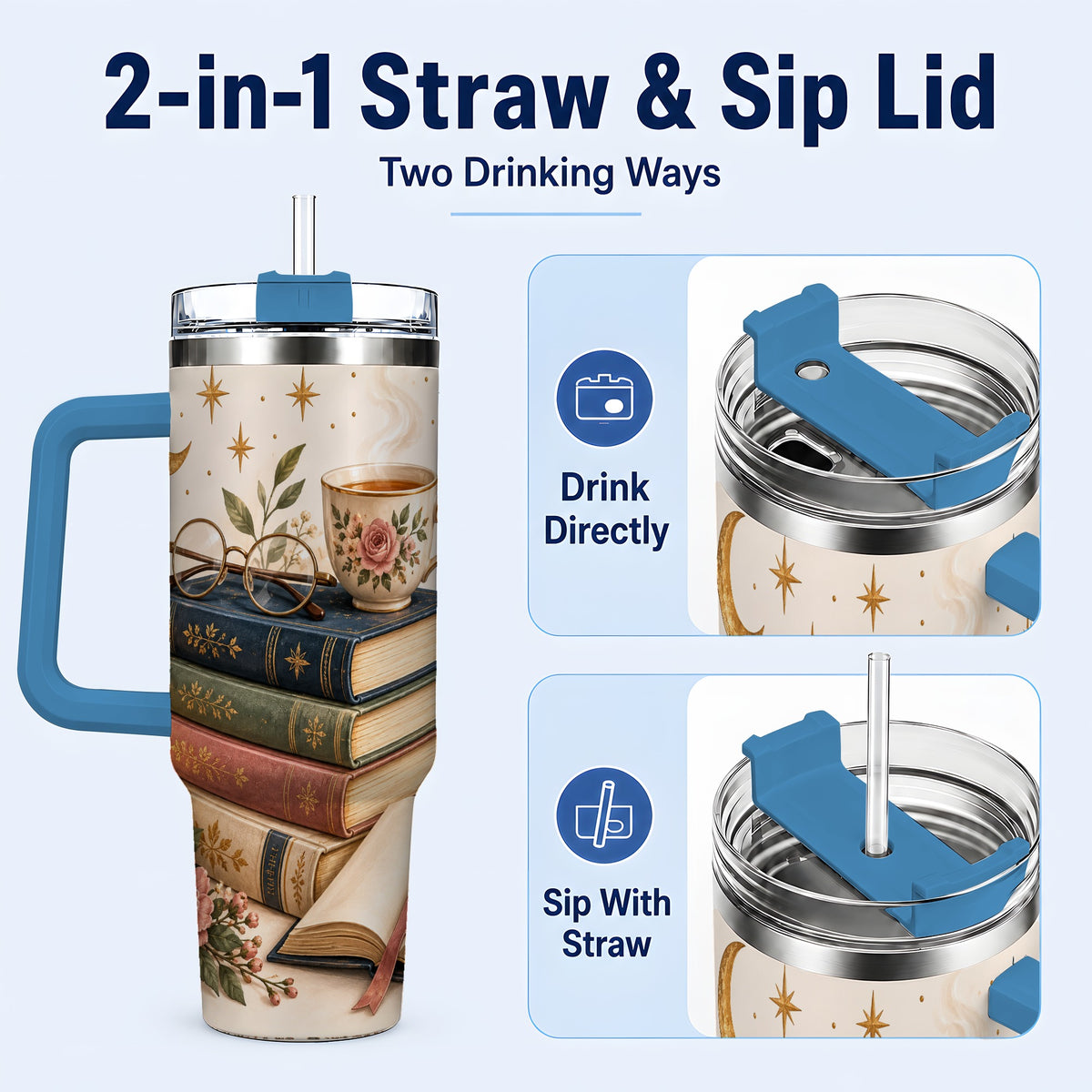 #pl[40oz|Blue] Vintage Book 40oz Tumbler with Handle, Botanical Reading Travel Cup
