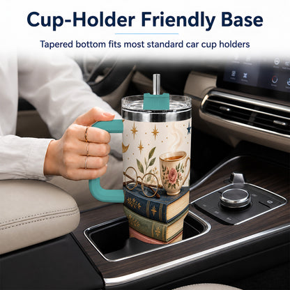 #pl[40oz|Green] Vintage Book 40oz Tumbler with Handle, Botanical Reading Travel Cup