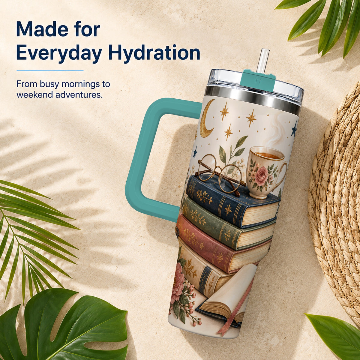 #pl[40oz|Green] Vintage Book 40oz Tumbler with Handle, Botanical Reading Travel Cup
