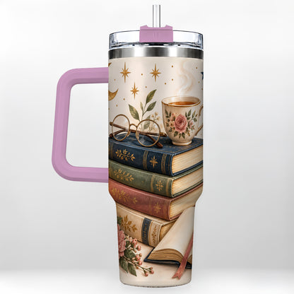 #pl[40oz|Pink] Vintage Book 40oz Tumbler with Handle, Botanical Reading Travel Cup