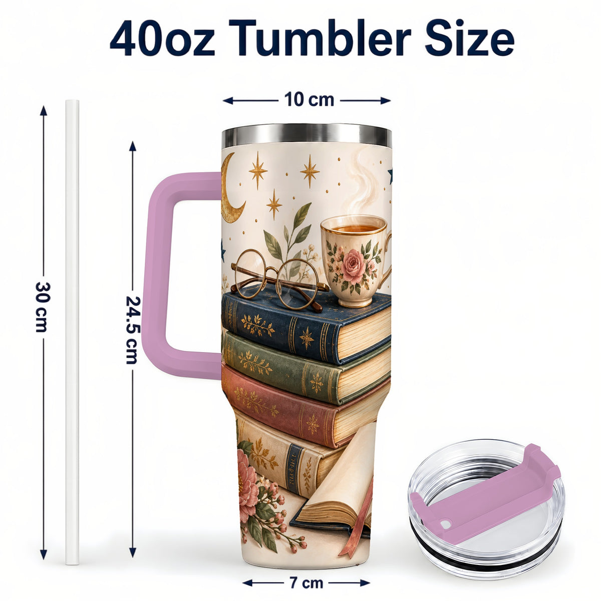 #pl[40oz|Pink] Vintage Book 40oz Tumbler with Handle, Botanical Reading Travel Cup