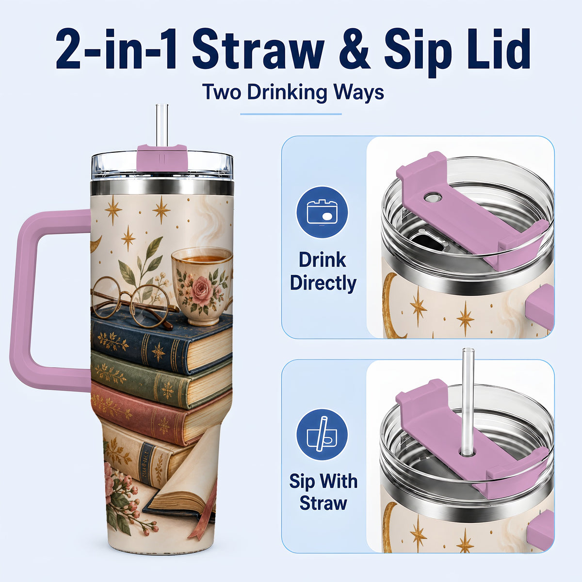 #pl[40oz|Pink] Vintage Book 40oz Tumbler with Handle, Botanical Reading Travel Cup