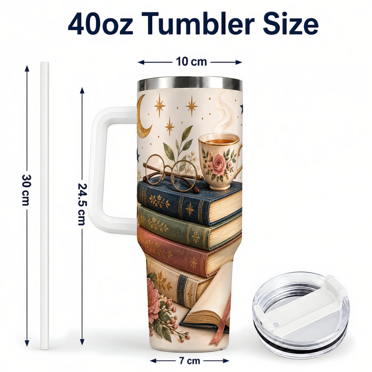 #pl[40oz|White] Vintage Book 40oz Tumbler with Handle, Botanical Reading Travel Cup