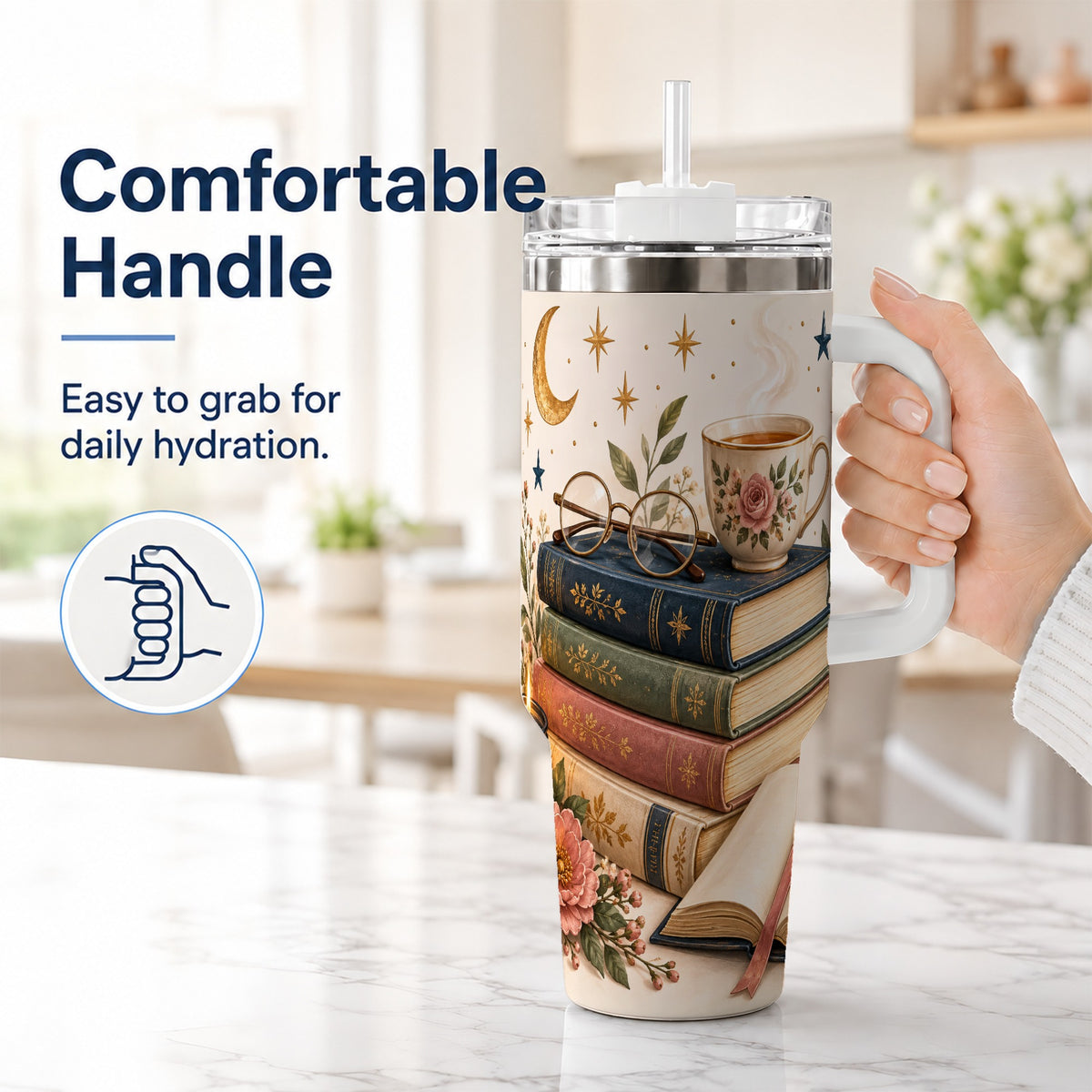#pl[40oz|White] Vintage Book 40oz Tumbler with Handle, Botanical Reading Travel Cup