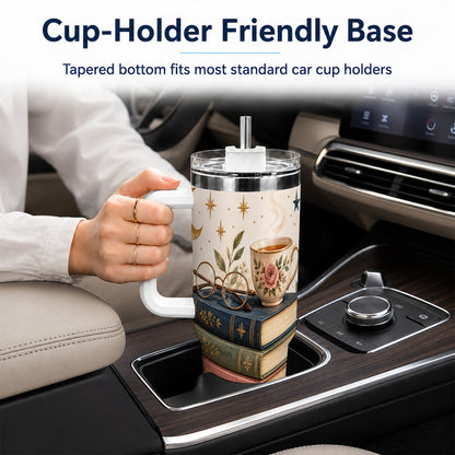 #pl[40oz|White] Vintage Book 40oz Tumbler with Handle, Botanical Reading Travel Cup