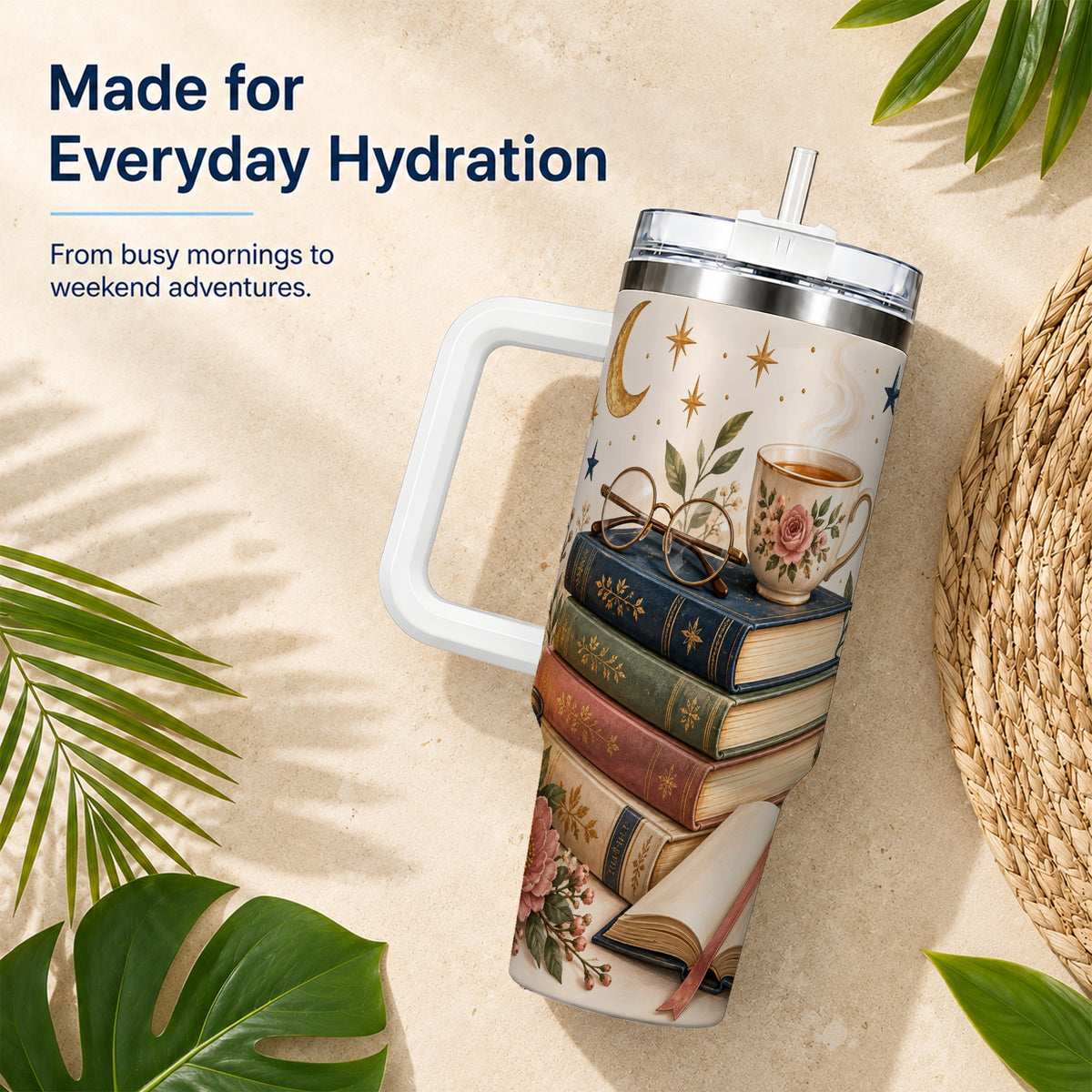 #pl[40oz|White] Vintage Book 40oz Tumbler with Handle, Botanical Reading Travel Cup