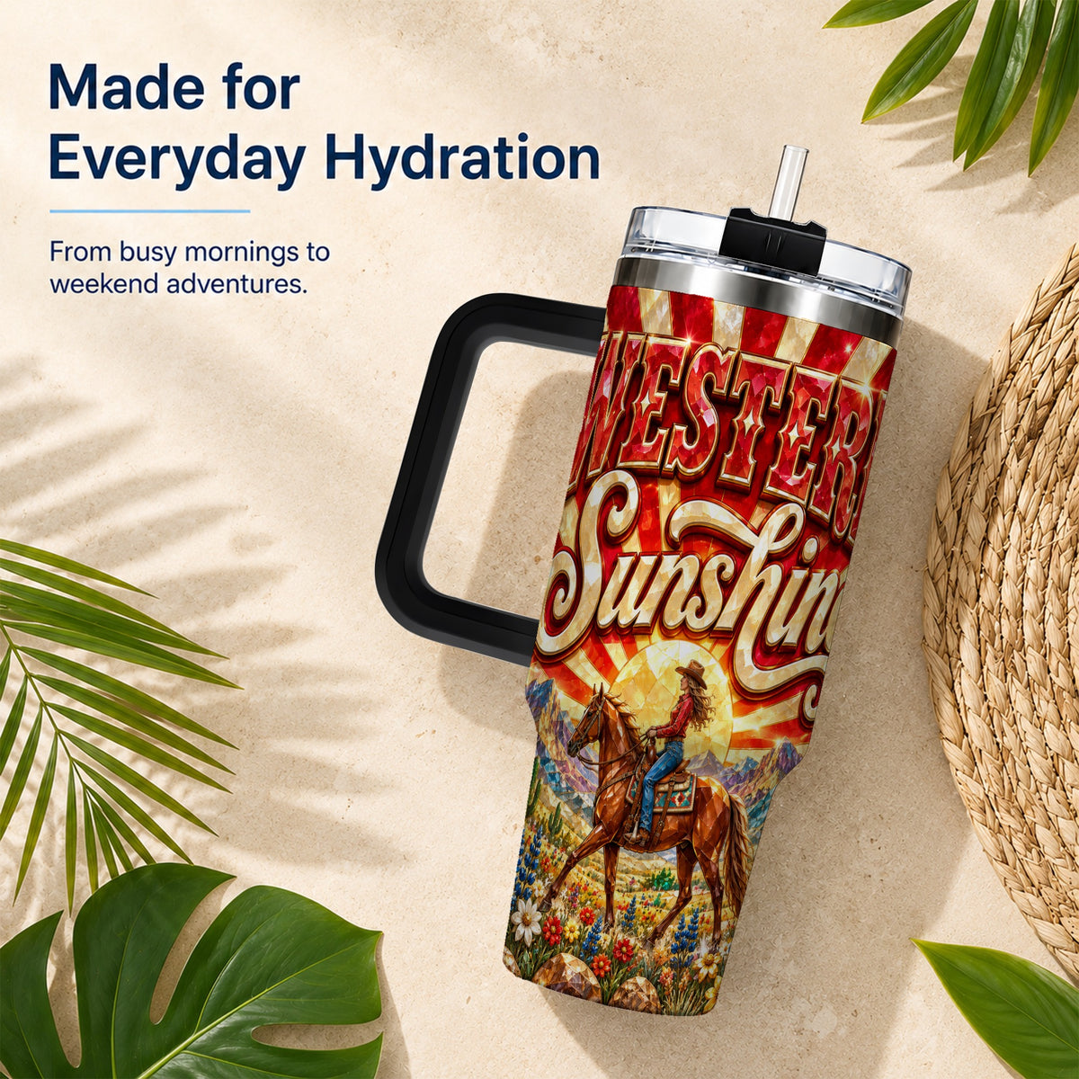 #pl[40oz|Black] Cowgirl Desert 40oz Tumbler with Handle, Horse Travel Cup