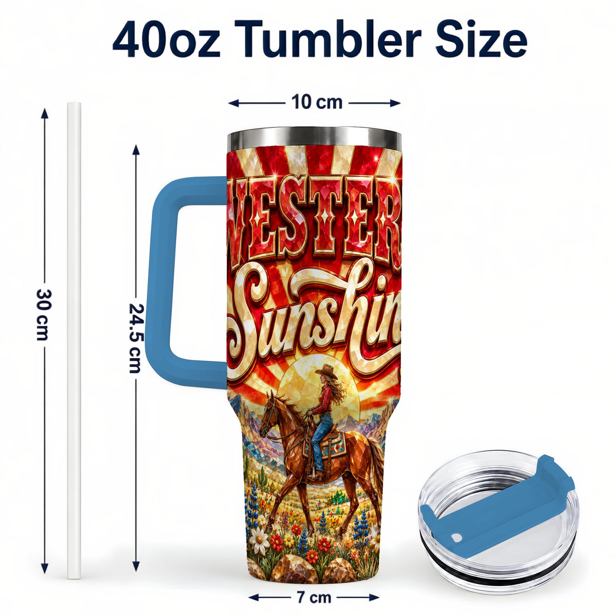 #pl[40oz|Blue] Cowgirl Desert 40oz Tumbler with Handle, Horse Travel Cup