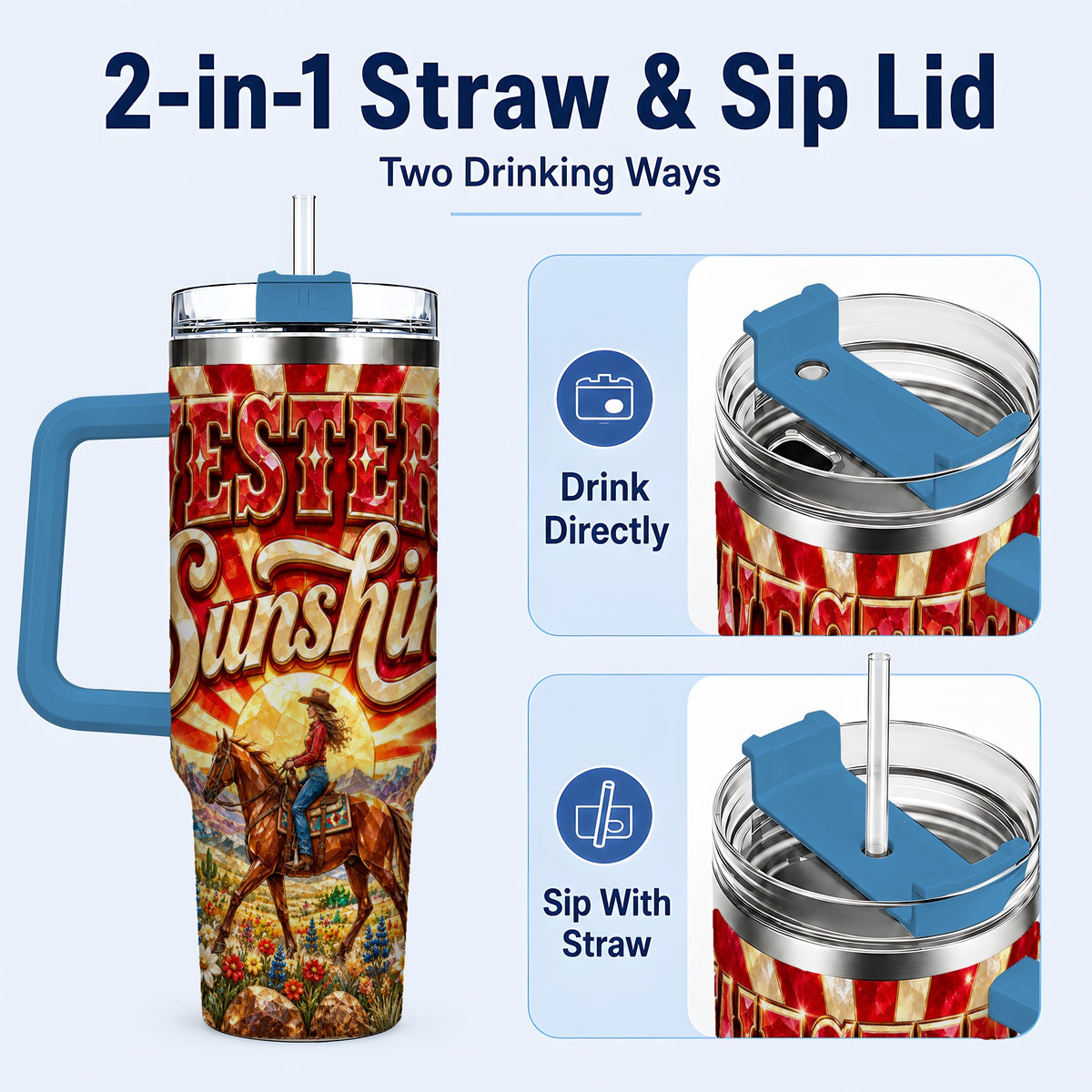 #pl[40oz|Blue] Cowgirl Desert 40oz Tumbler with Handle, Horse Travel Cup