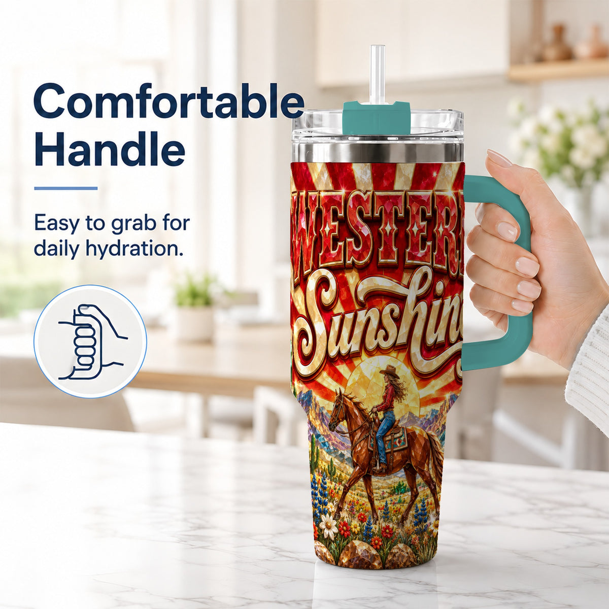 #pl[40oz|Green] Cowgirl Desert 40oz Tumbler with Handle, Horse Travel Cup