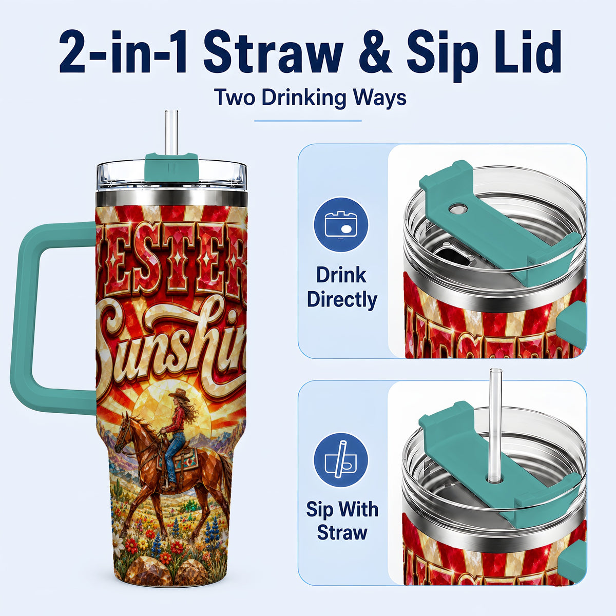 #pl[40oz|Green] Cowgirl Desert 40oz Tumbler with Handle, Horse Travel Cup