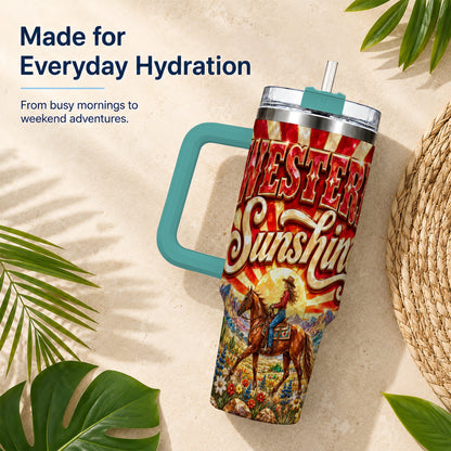 #pl[40oz|Green] Cowgirl Desert 40oz Tumbler with Handle, Horse Travel Cup
