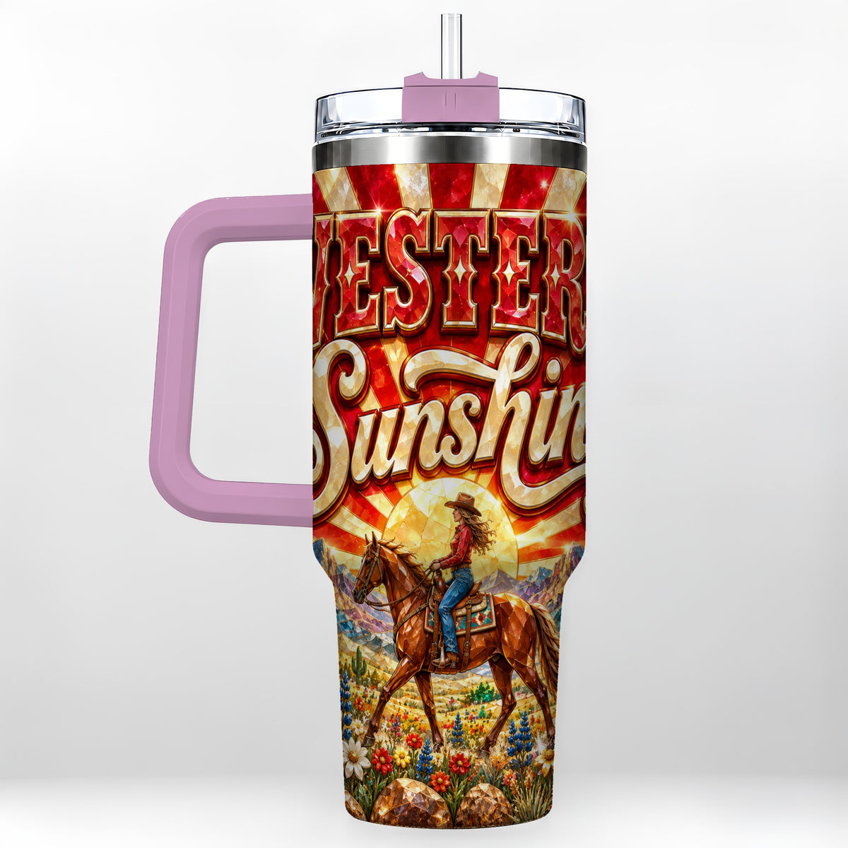 #pl[40oz|Pink] Cowgirl Desert 40oz Tumbler with Handle, Horse Travel Cup