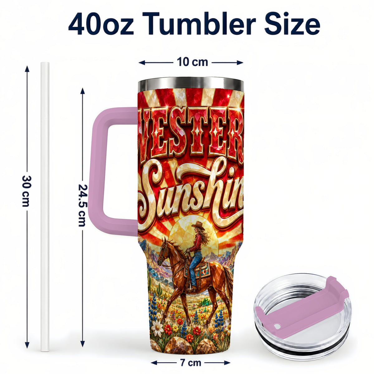 #pl[40oz|Pink] Cowgirl Desert 40oz Tumbler with Handle, Horse Travel Cup