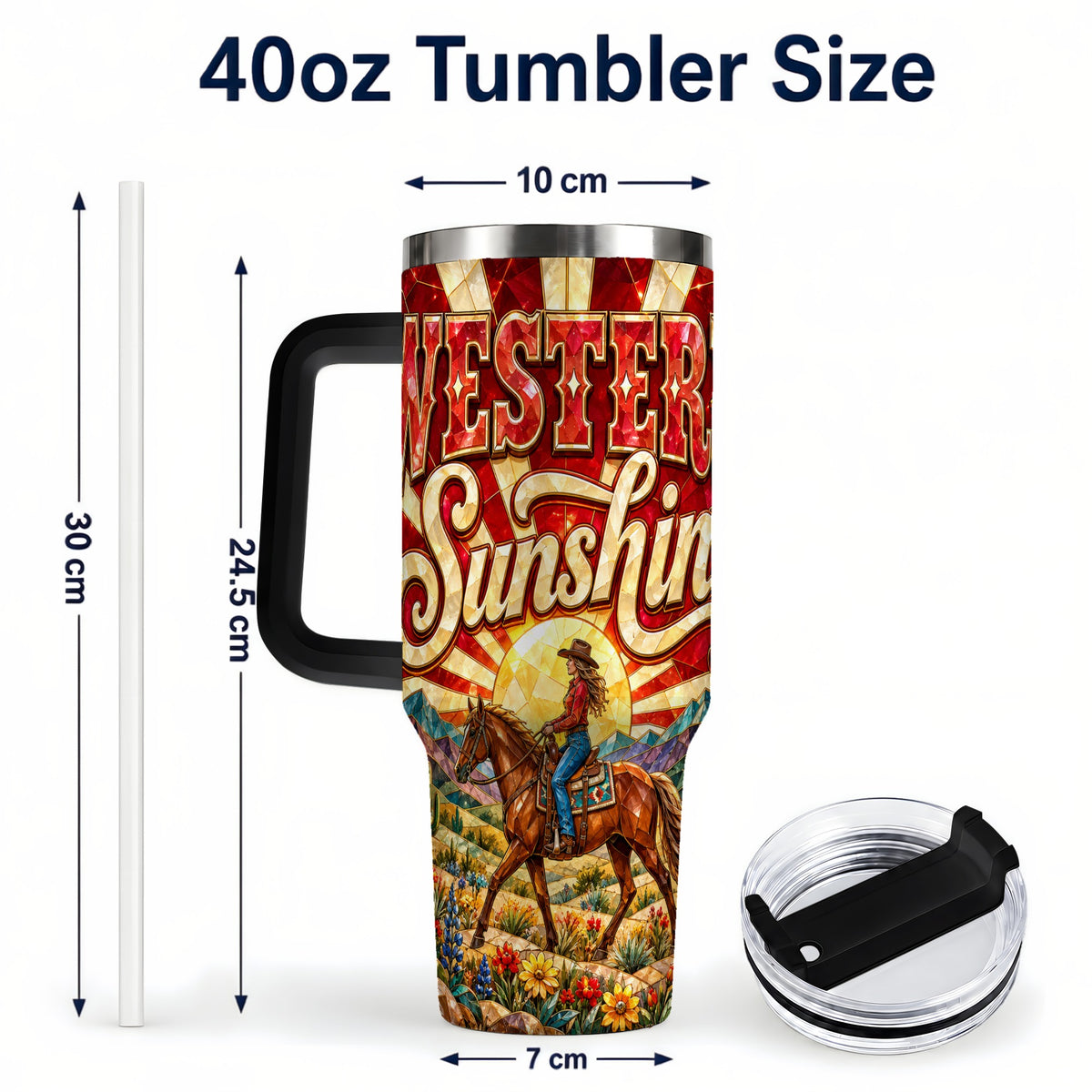 #pl[40oz|Black] Cowgirl Horse 40oz Tumbler with Handle, Desert Sunset Travel Cup