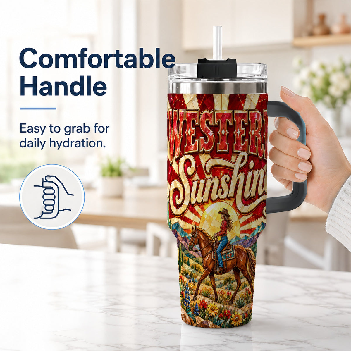 #pl[40oz|Black] Cowgirl Horse 40oz Tumbler with Handle, Desert Sunset Travel Cup