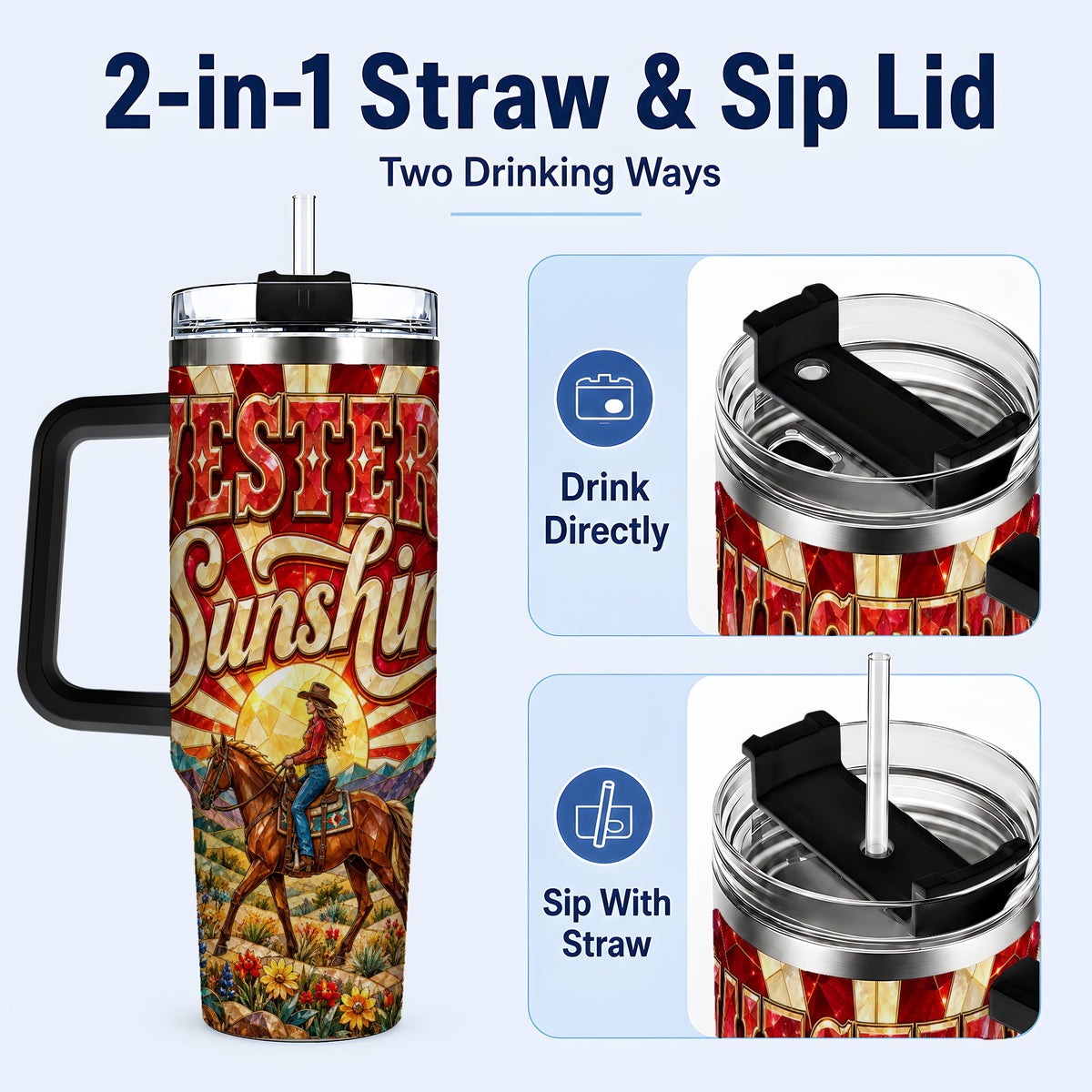 #pl[40oz|Black] Cowgirl Horse 40oz Tumbler with Handle, Desert Sunset Travel Cup