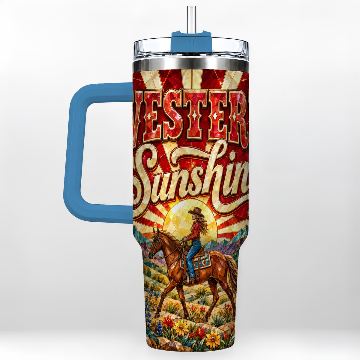 #pl[40oz|Blue] Cowgirl Horse 40oz Tumbler with Handle, Desert Sunset Travel Cup