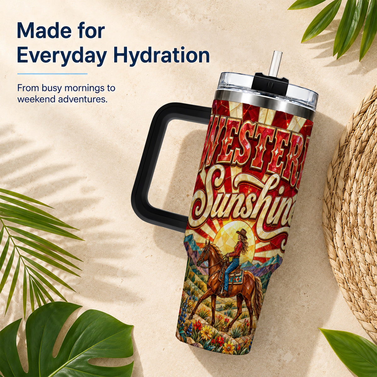 #pl[40oz|Black] Cowgirl Horse 40oz Tumbler with Handle, Desert Sunset Travel Cup