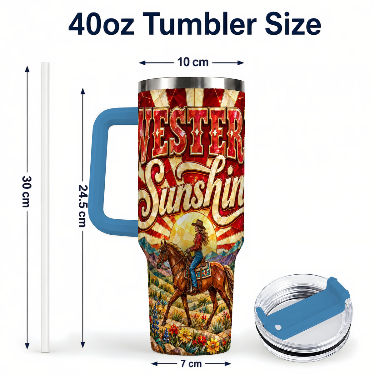 #pl[40oz|Blue] Cowgirl Horse 40oz Tumbler with Handle, Desert Sunset Travel Cup
