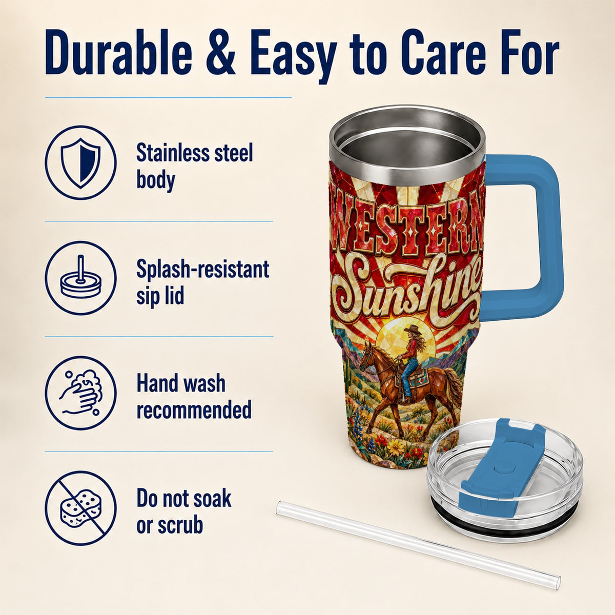 #pl[40oz|Blue] Cowgirl Horse 40oz Tumbler with Handle, Desert Sunset Travel Cup