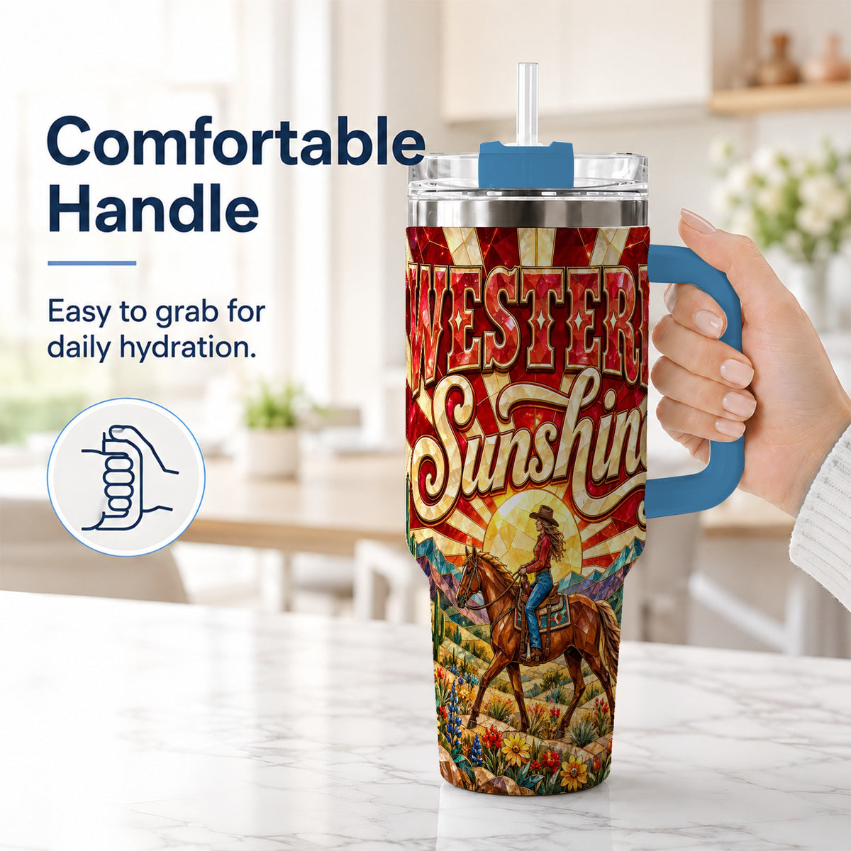 #pl[40oz|Blue] Cowgirl Horse 40oz Tumbler with Handle, Desert Sunset Travel Cup