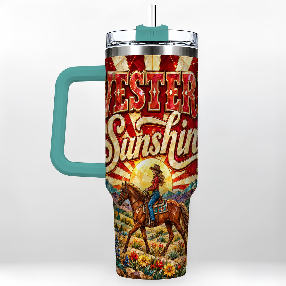 #pl[40oz|Green] Cowgirl Horse 40oz Tumbler with Handle, Desert Sunset Travel Cup