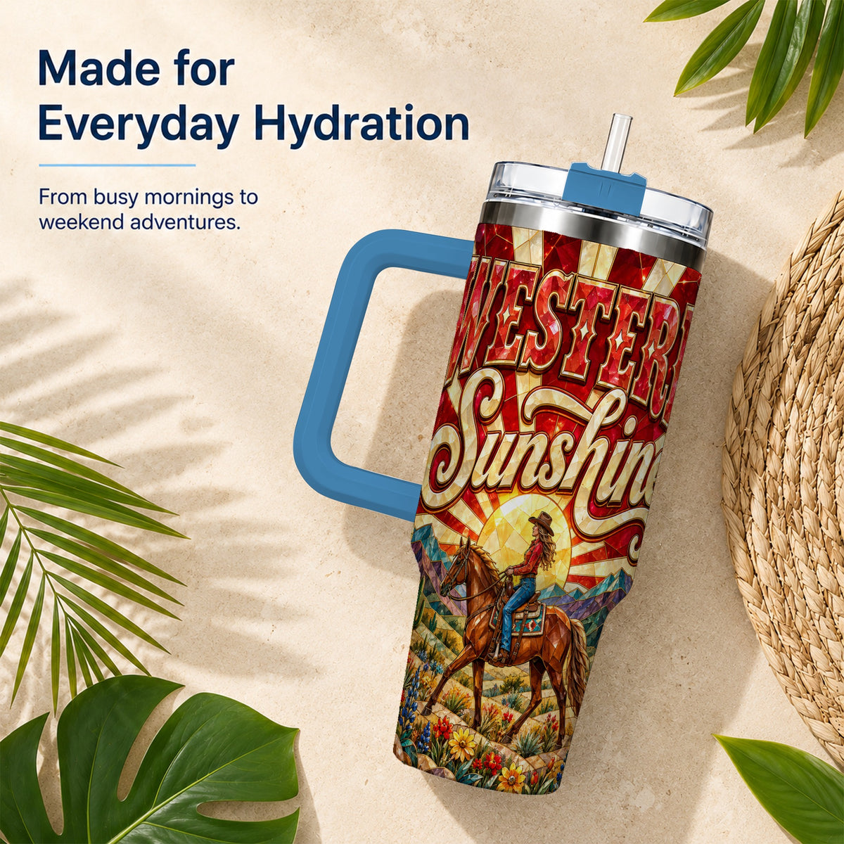 #pl[40oz|Blue] Cowgirl Horse 40oz Tumbler with Handle, Desert Sunset Travel Cup