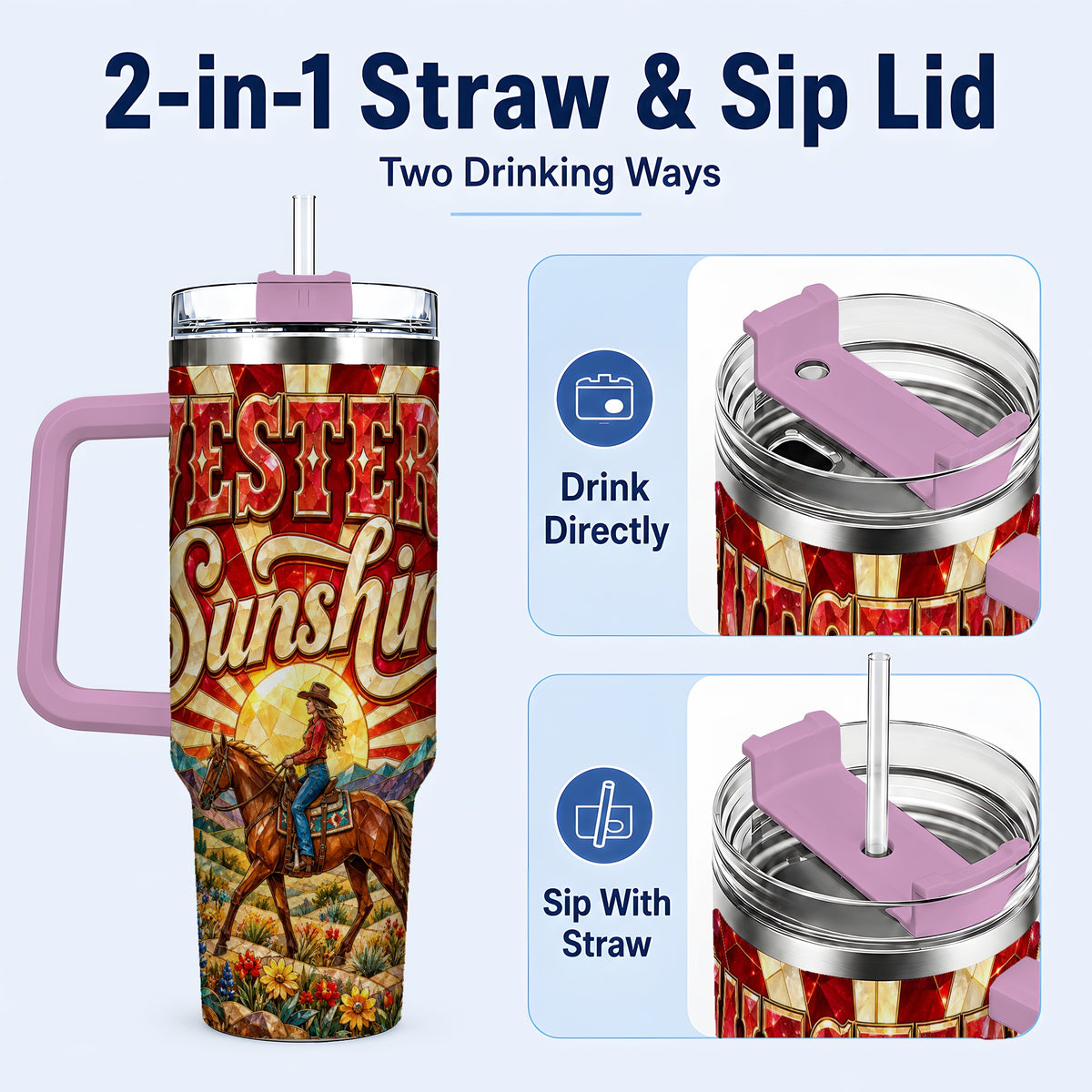 #pl[40oz|Pink] Cowgirl Horse 40oz Tumbler with Handle, Desert Sunset Travel Cup