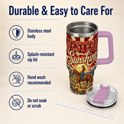 #pl[40oz|Pink] Cowgirl Horse 40oz Tumbler with Handle, Desert Sunset Travel Cup