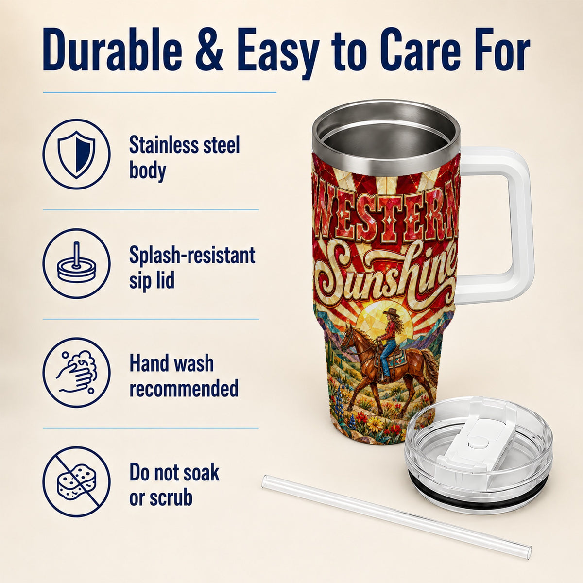 #pl[40oz|White] Cowgirl Horse 40oz Tumbler with Handle, Desert Sunset Travel Cup