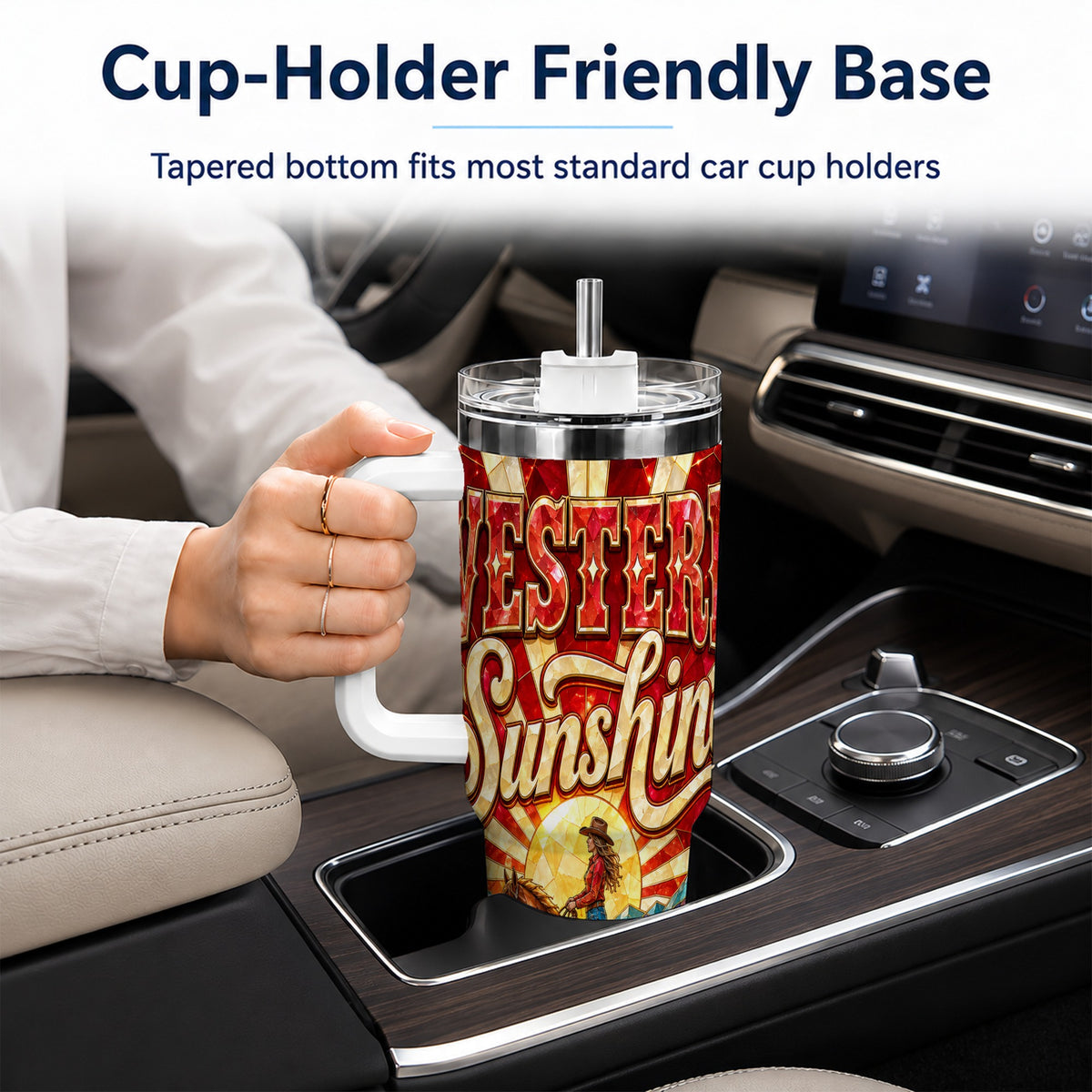 #pl[40oz|White] Cowgirl Horse 40oz Tumbler with Handle, Desert Sunset Travel Cup