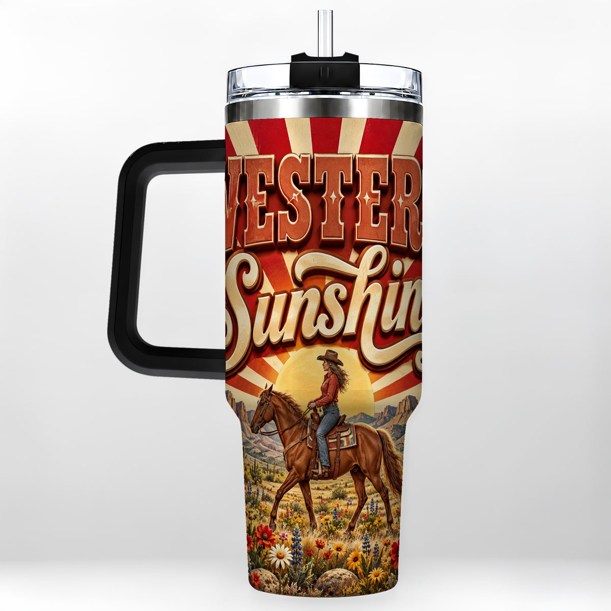 #pl[40oz|Black] Retro Cowgirl 40oz Tumbler with Handle, Desert Horse Travel Cup