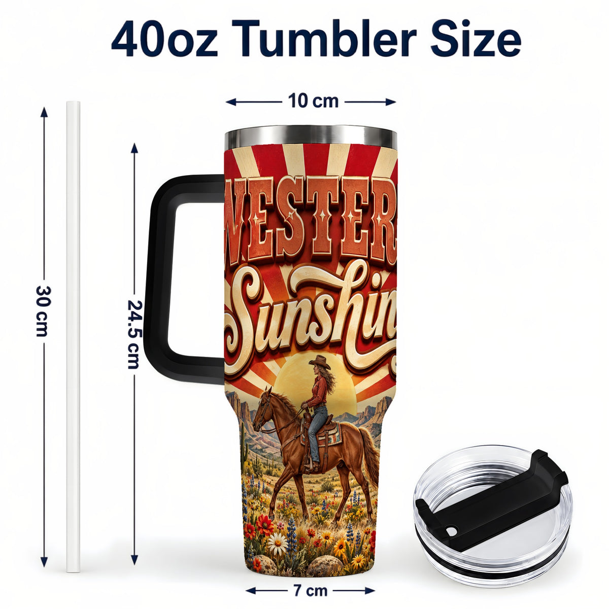 #pl[40oz|Black] Retro Cowgirl 40oz Tumbler with Handle, Desert Horse Travel Cup