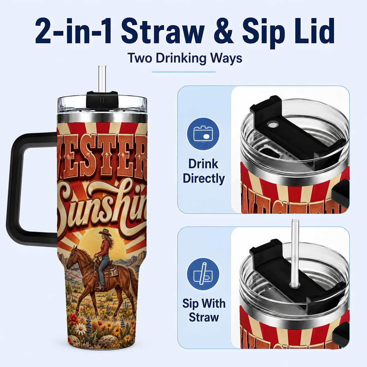 #pl[40oz|Black] Retro Cowgirl 40oz Tumbler with Handle, Desert Horse Travel Cup