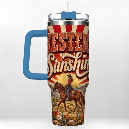 #pl[40oz|Blue] Retro Cowgirl 40oz Tumbler with Handle, Desert Horse Travel Cup